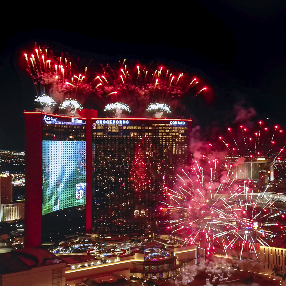 Resorts world with fireworks