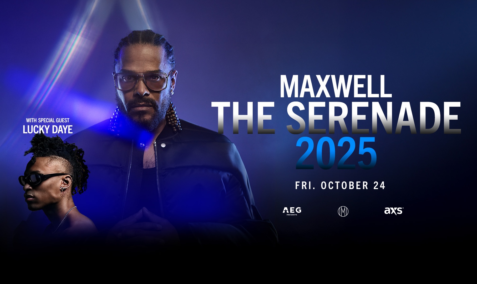 Concert poster for Maxwell’s 2025 tour “The Serenade,” featuring special guest Lucky Daye, scheduled for Friday, October 24. 