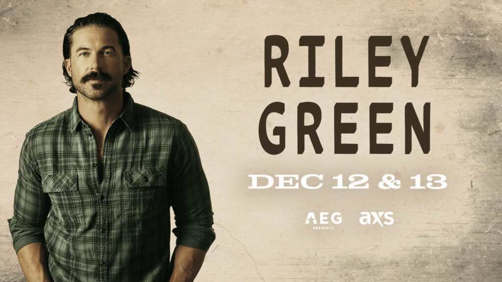 Concert poster for Riley Green with show dates December 12 and 13, presented by AEG and AXS.
