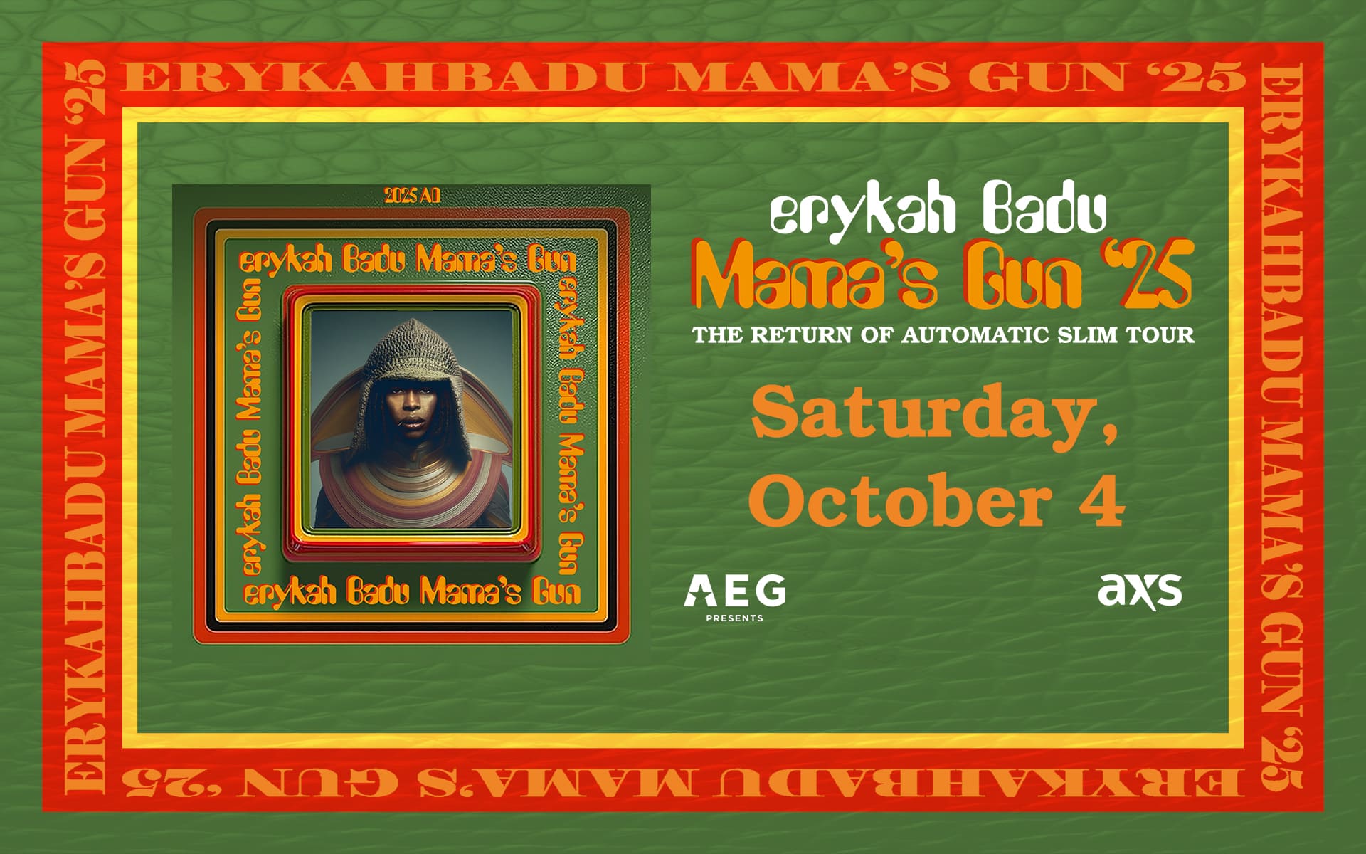 Promotional poster for Erykah Badu's "Mama’s Gun ‘25: The Return of Automatic Slim Tour" featuring a photo of the artist and the concert date, Saturday, October 4.