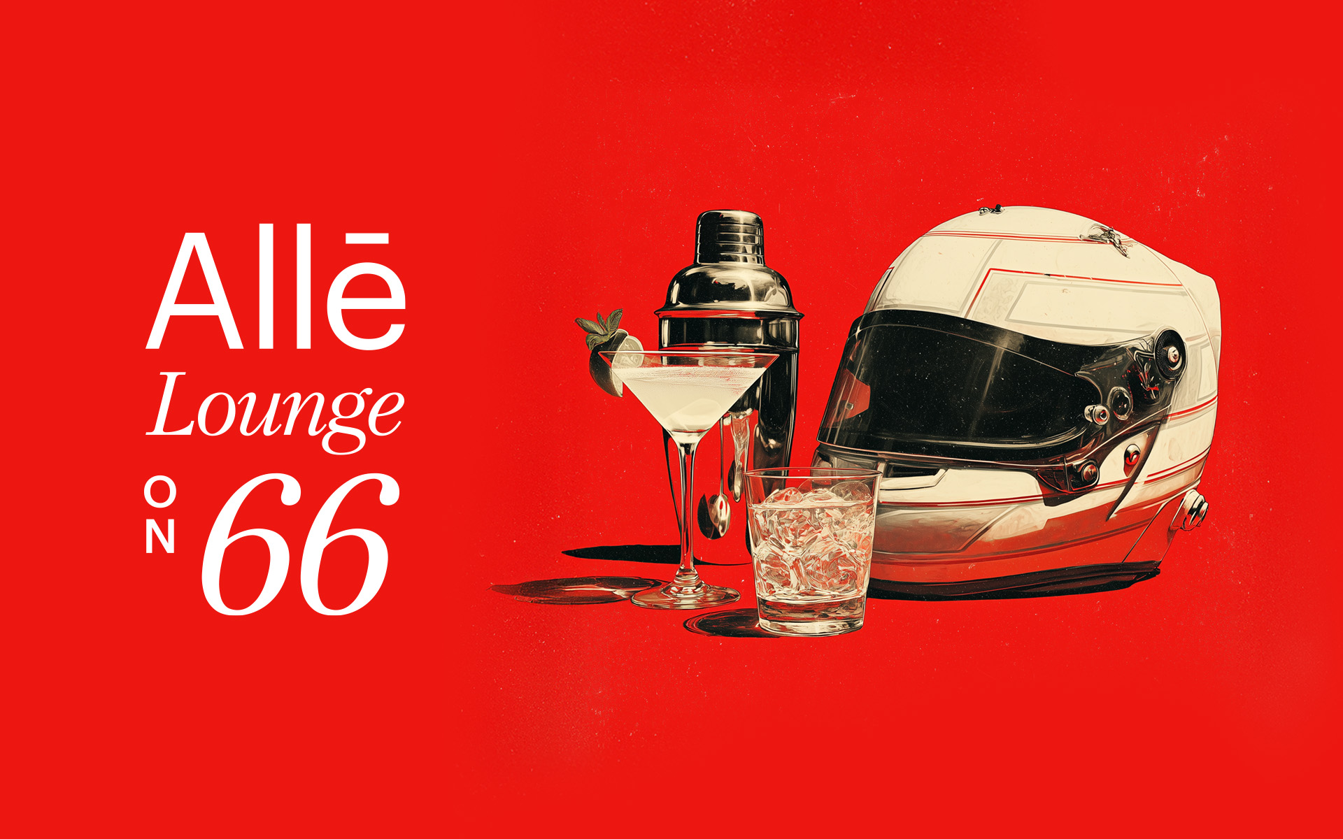 Red promotional graphic for Allē Lounge on 66 featuring a racing helmet, cocktail shaker, martini glass with garnish, and glass of ice.