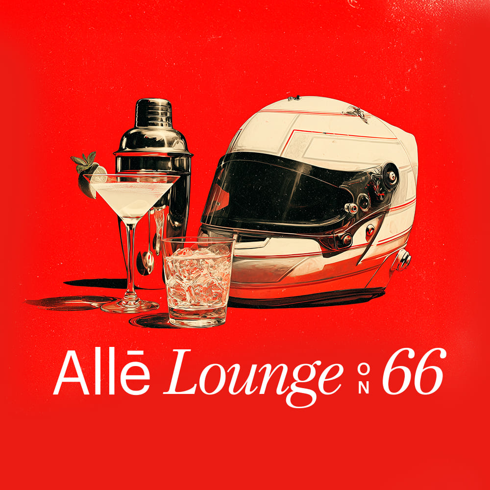 Cocktail shaker, martini glass, and a glass of ice beside a white racing helmet on a vivid red background, with the text “Allē Lounge on 66.”