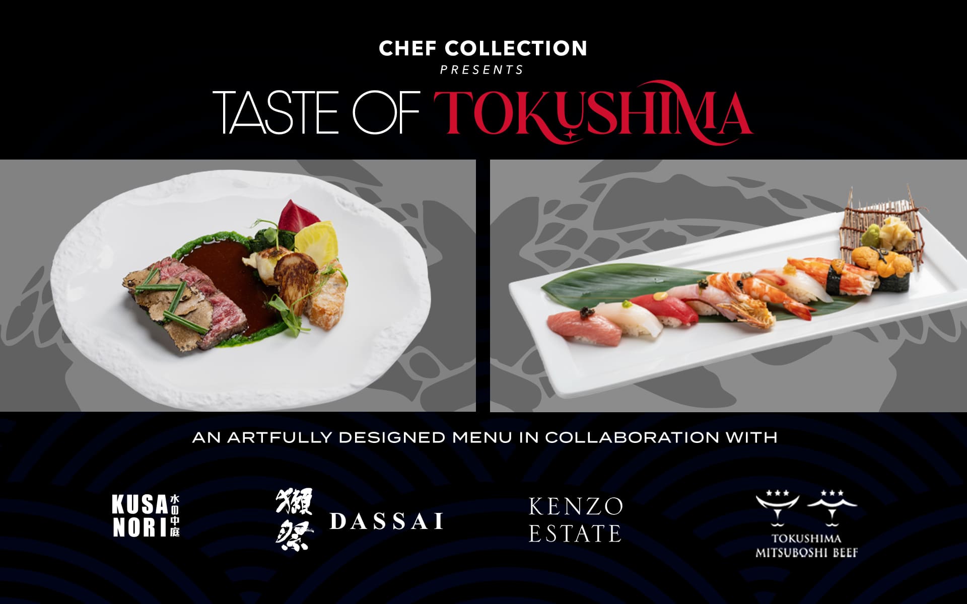 Promotional banner for Taste of Tokushima at Kusa Nori featuring a Wagyu beef entrée and assorted sushi platter.