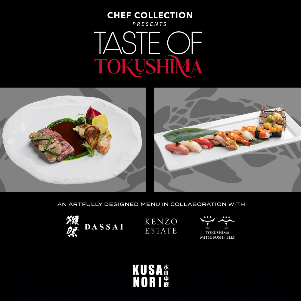 Promotional banner for Taste of Tokushima at Kusa Nori featuring a Wagyu beef entrée and assorted sushi platter.