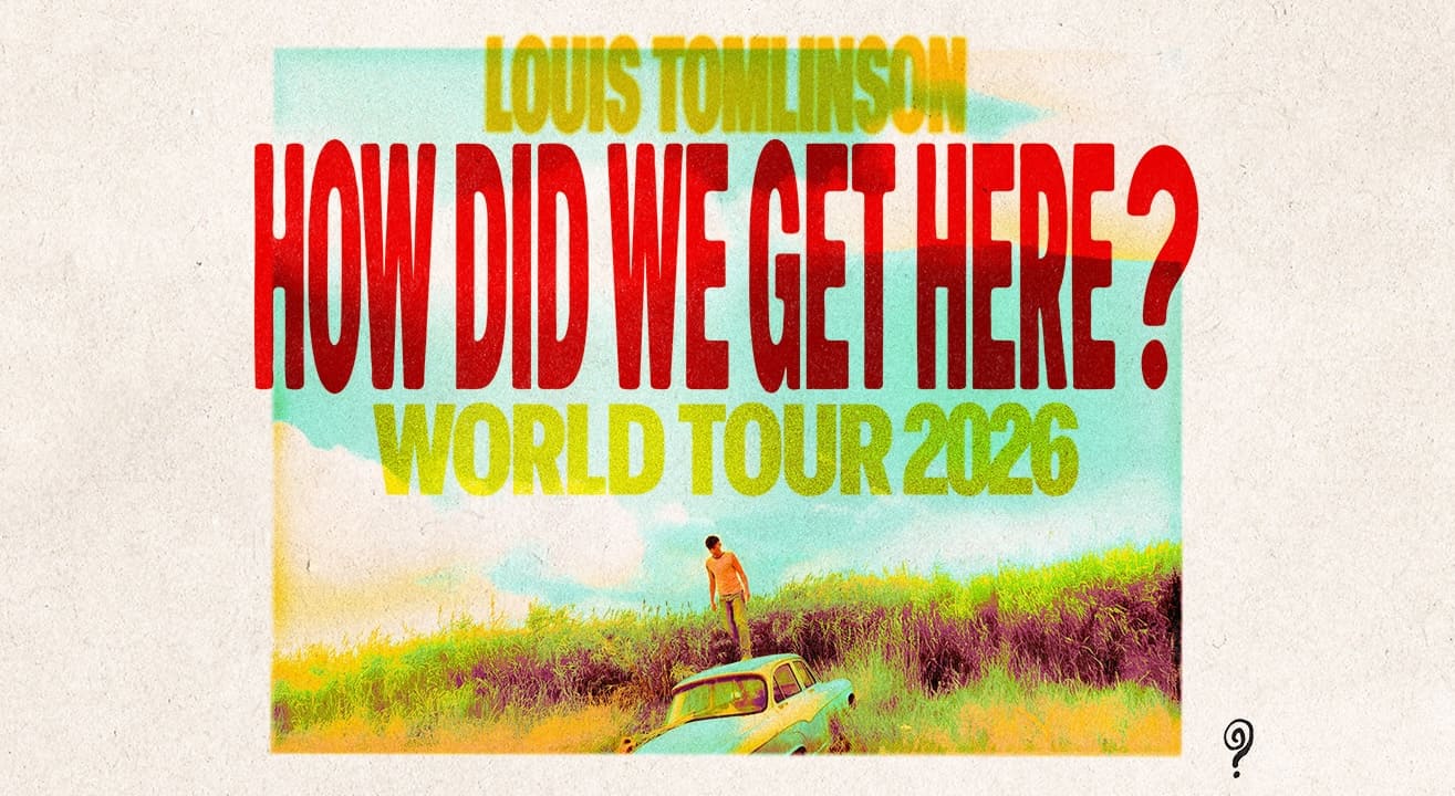 Promotional poster for Louis Tomlinson’s “How Did We Get Here?” World Tour 2026. A man stands on the roof of a vintage car in a colorful field, with large bold red and yellow text over a retro-style sky backdrop.