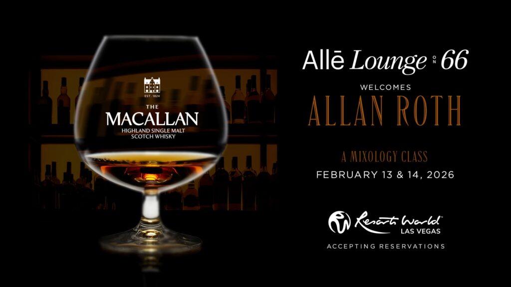 Promotional image showing a glass of Macallan Scotch whisky for an Allan Roth mixology class at Allē Lounge on 66.