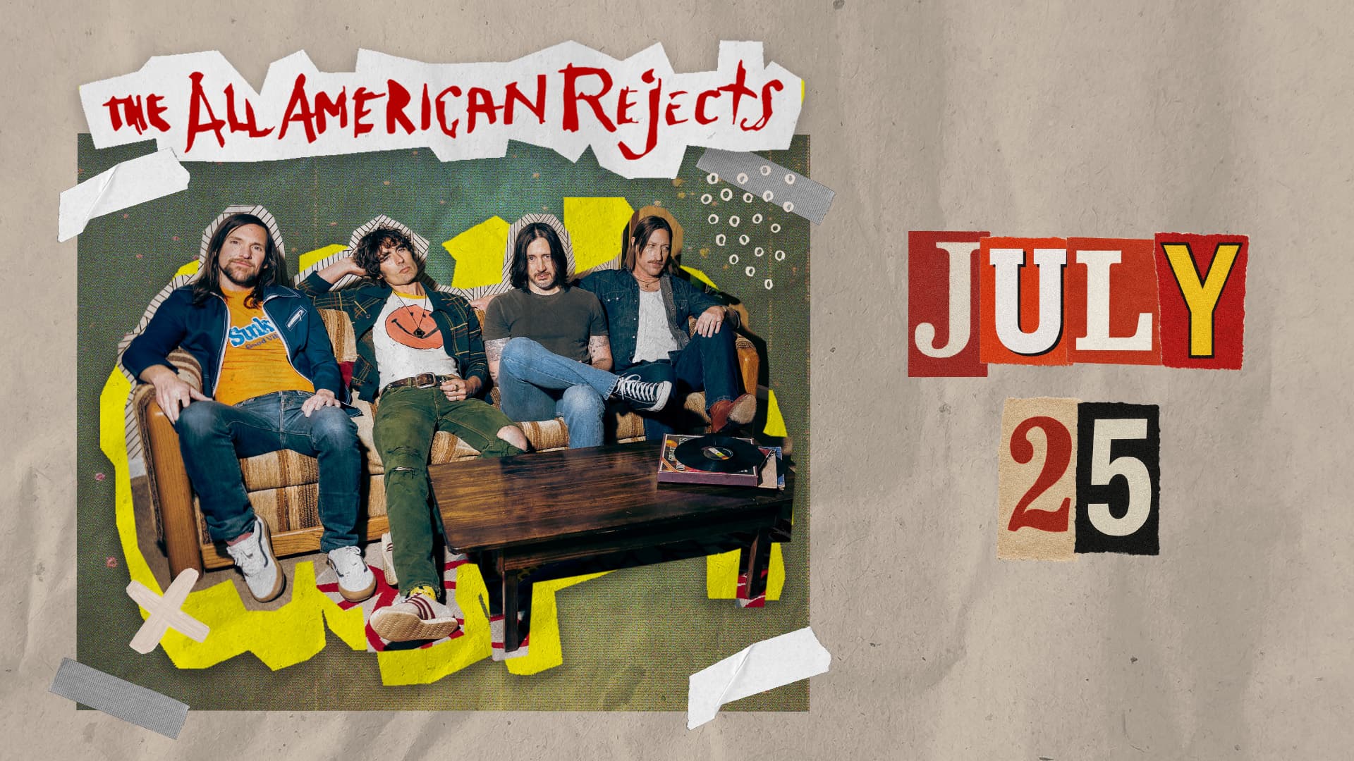 A scrapbook-style concert poster for The All-American Rejects, featuring the band members sitting on a couch above the date July 25.