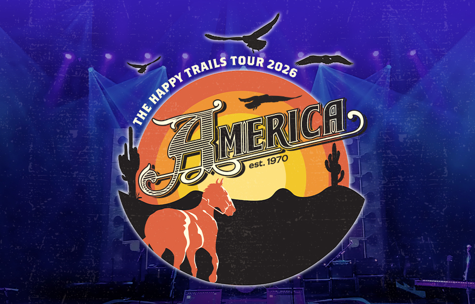 Promotional graphic for the band America on the Happy Trails Tour 2026 featuring a desert sunset design.