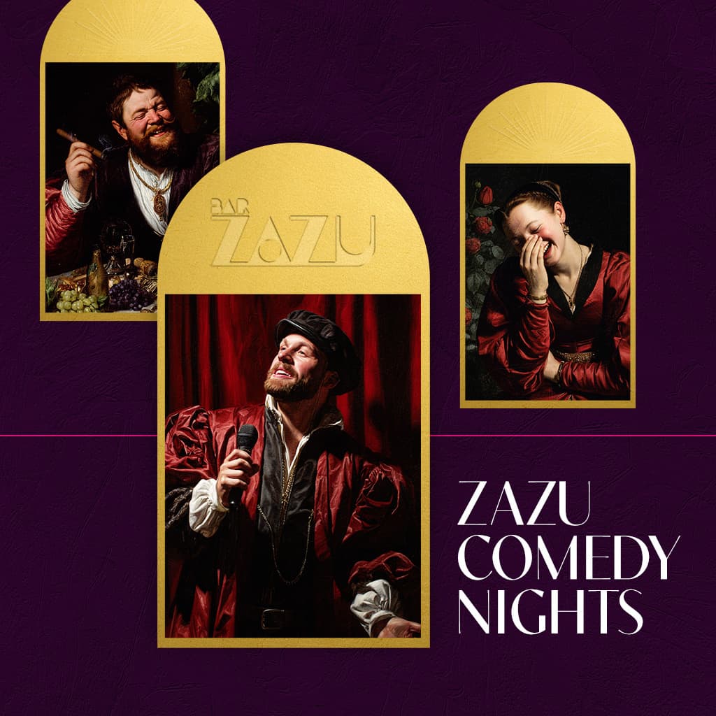 Zazu Comedy Nights promotional graphic featuring performers in vintage-style portraits