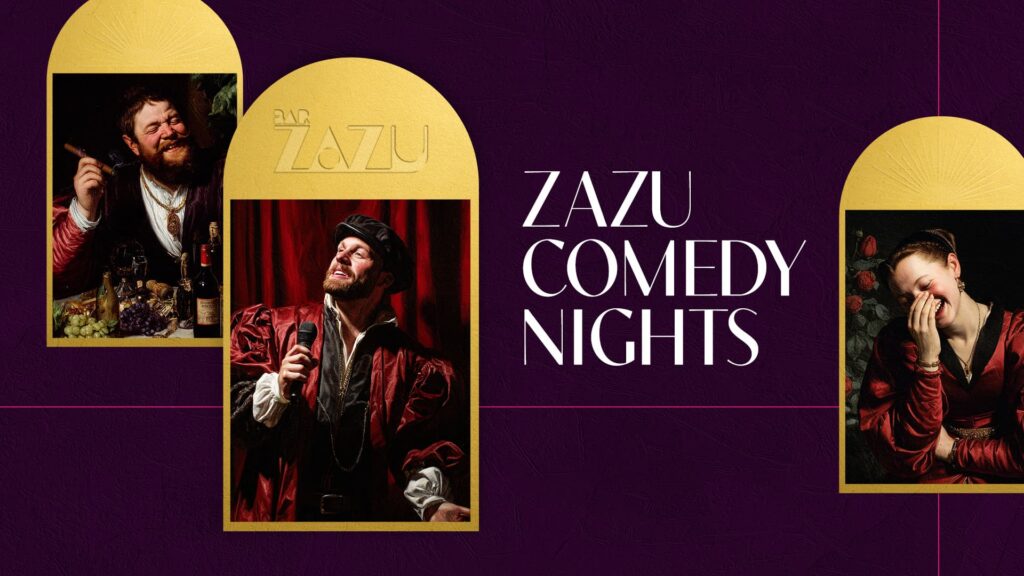 Zazu Comedy Nights promotional graphic featuring performers in vintage-style portraits