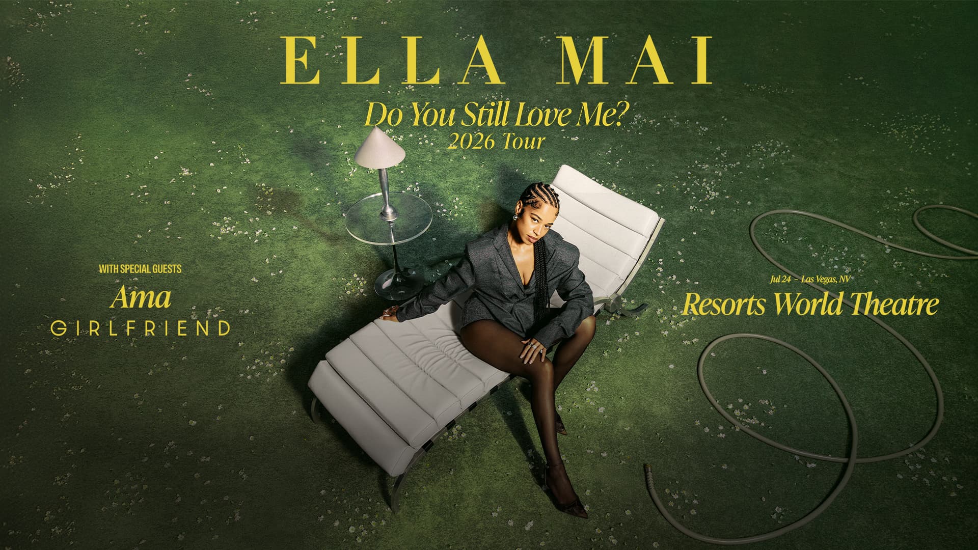 Promotional poster of Ella Mai for the “Do You Still Love Me?” 2026 tour at Resorts World Theatre in Las Vegas.