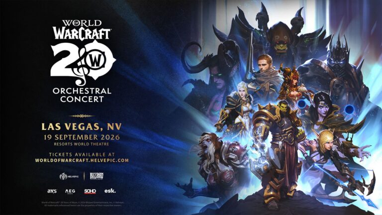 World of Warcraft 20 Years of Music orchestral concert at Resorts World Theatre in Las Vegas on September 19, 2026, featuring iconic Warcraft characters.