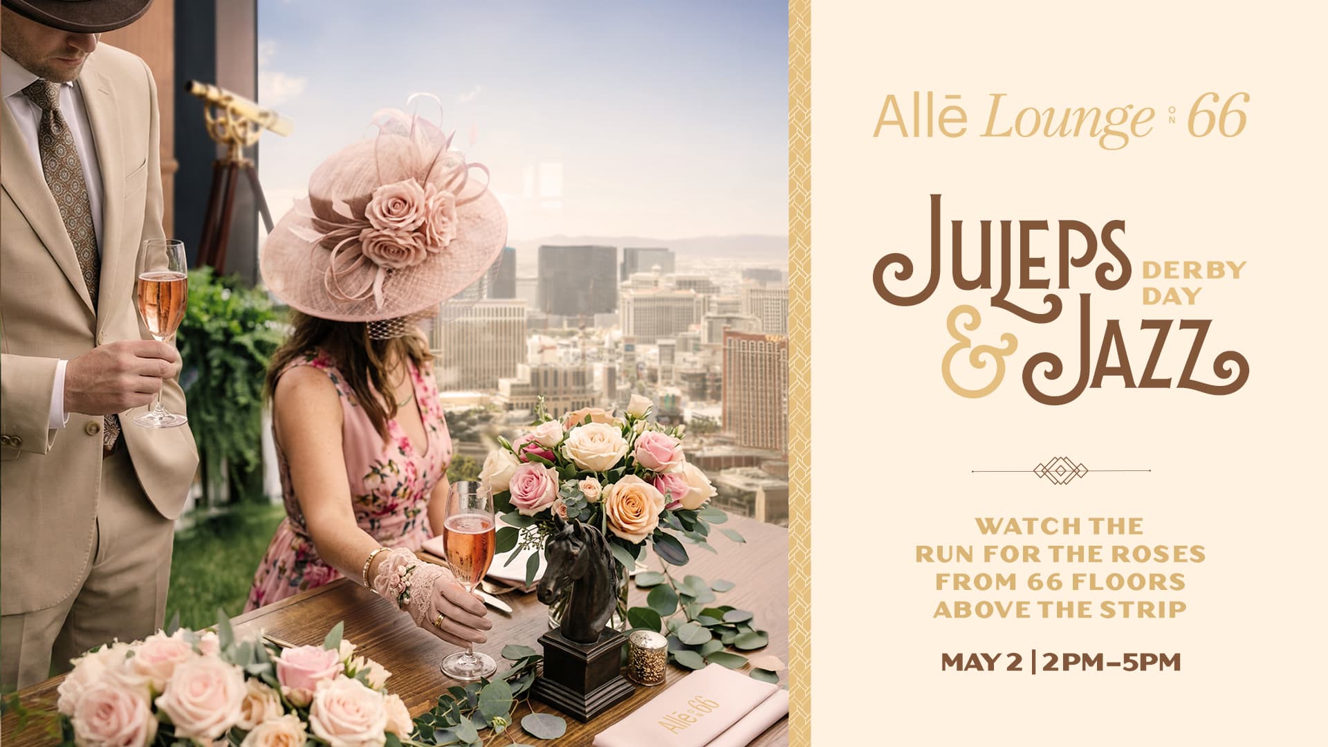 Couple dressed in Derby attire enjoying champagne at an elegant rooftop lounge overlooking the Las Vegas Strip during a Derby Day event.