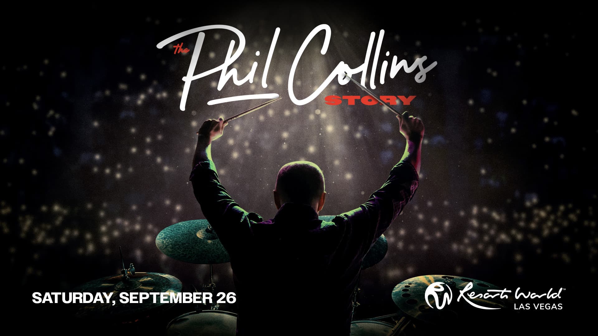 Concert promotion for The Phil Collins Story featuring a drummer on stage with raised drumsticks and event date Saturday September 26