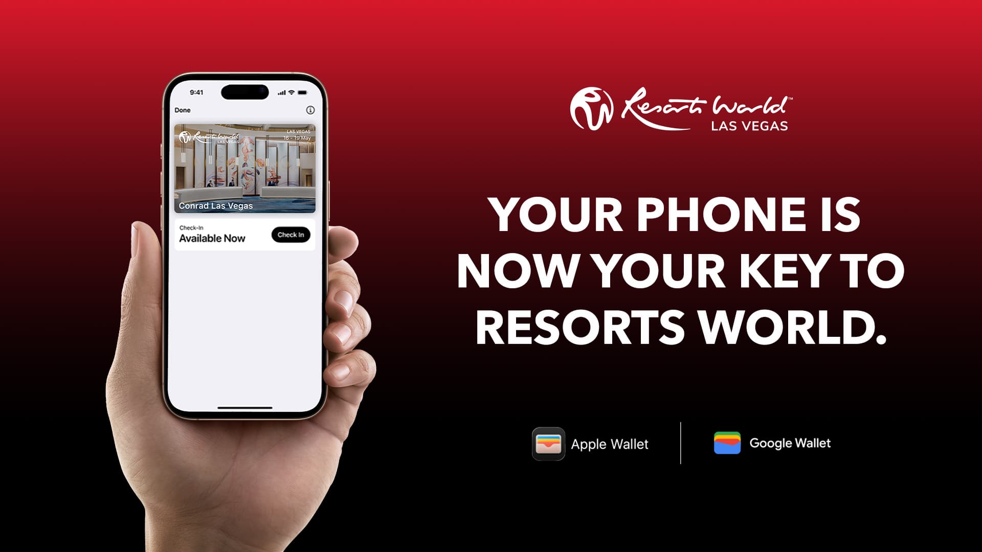 Hand holding a smartphone displaying a hotel mobile check-in app for Resorts World Las Vegas digital key access