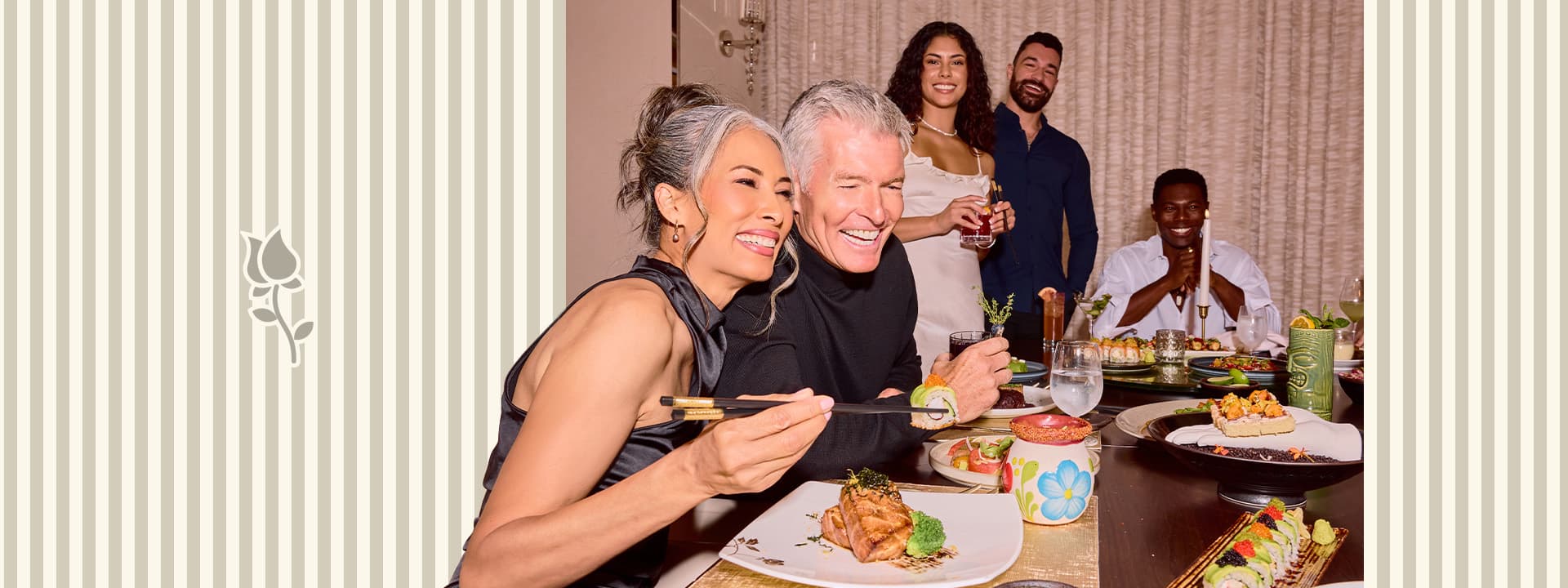 Family enjoying a Mother’s Day dinner together at a restaurant table with food and drinks