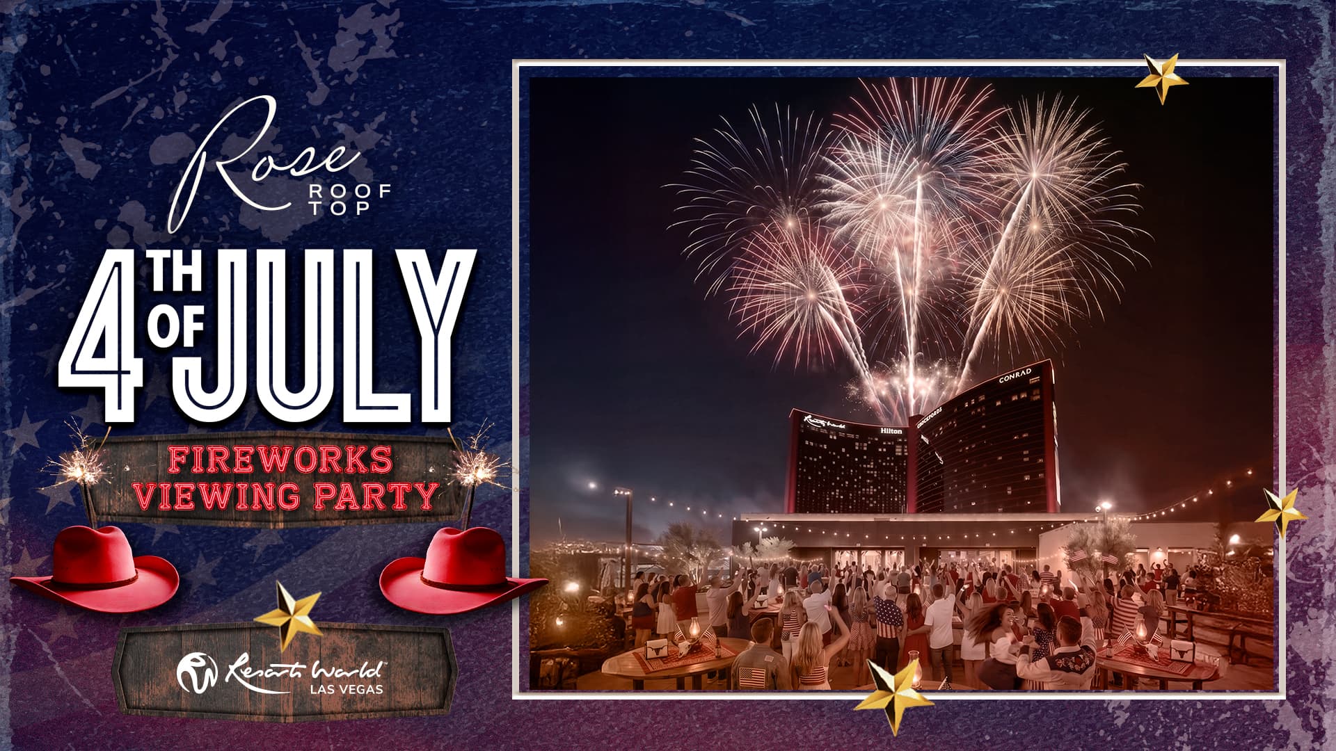 Fireworks display above Resorts World Las Vegas hotel towers during a nighttime Fourth of July celebration.