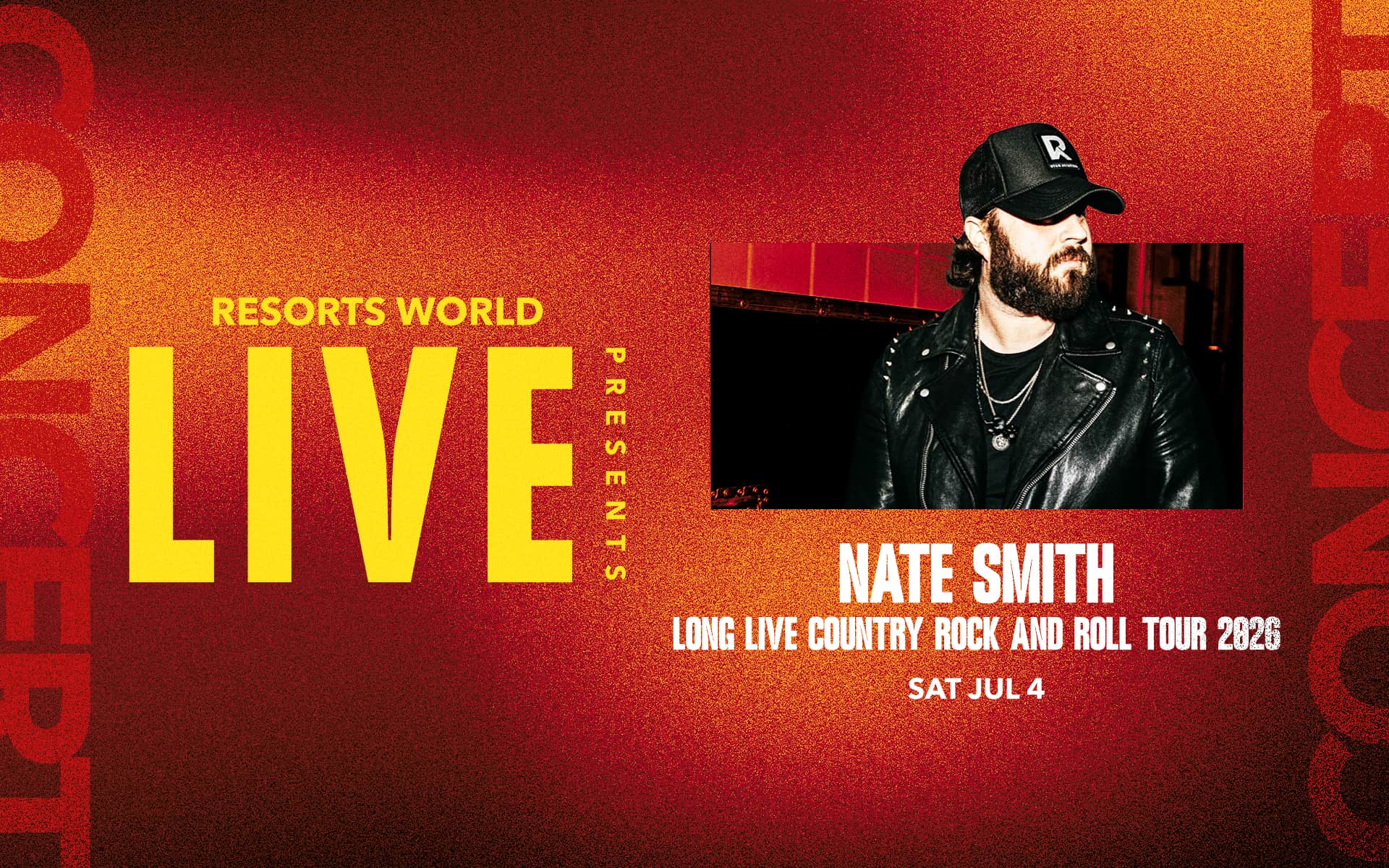 Promotional concert graphic for Nate Smith’s Long Live Country Rock and Roll Tour 2026 at Resorts World featuring the artist in a black leather jacket and cap.