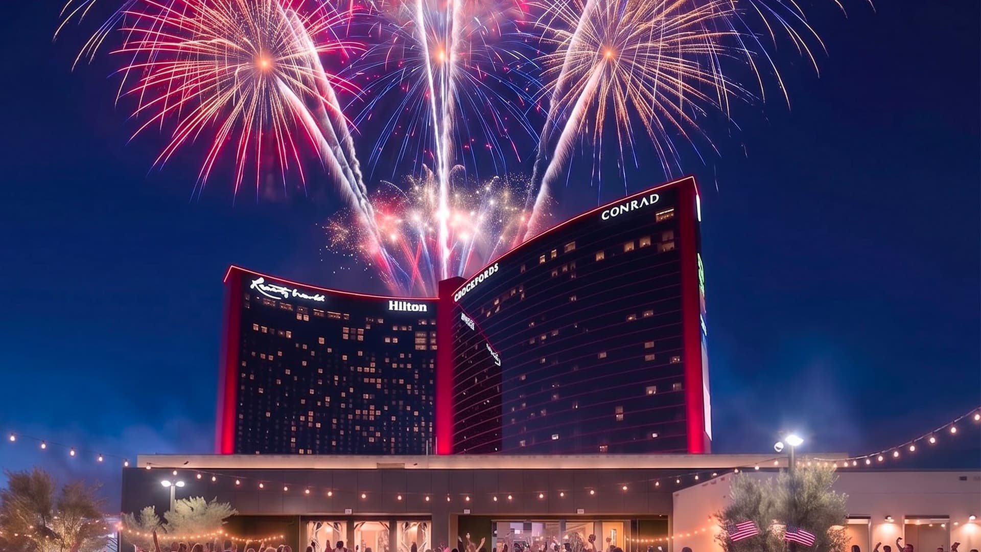Fireworks display above Resorts World Las Vegas hotel towers during a nighttime Fourth of July celebration.