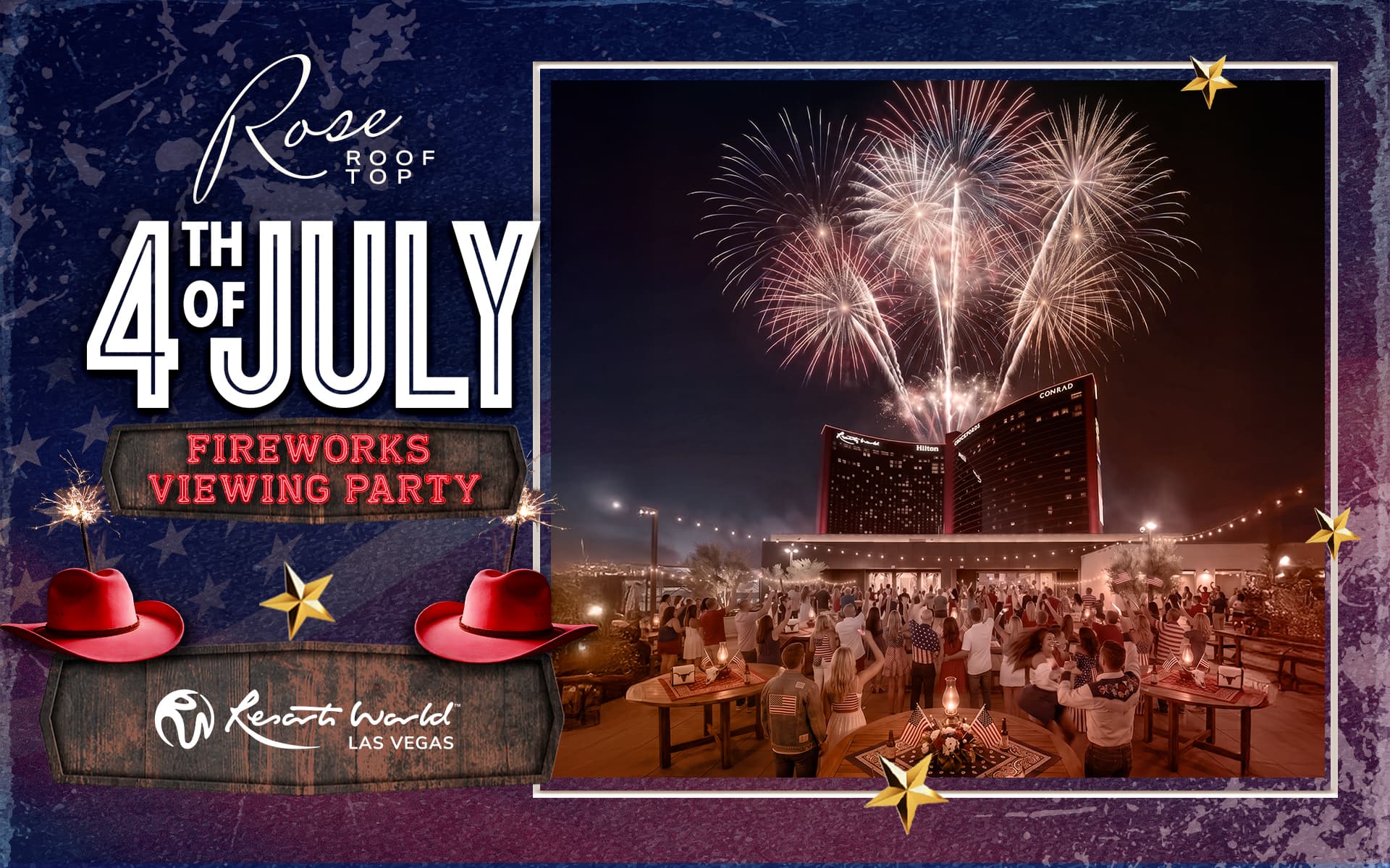 Promotional graphic for a Fourth of July fireworks viewing party at Resorts World Las Vegas featuring rooftop guests watching fireworks above the hotel towers.