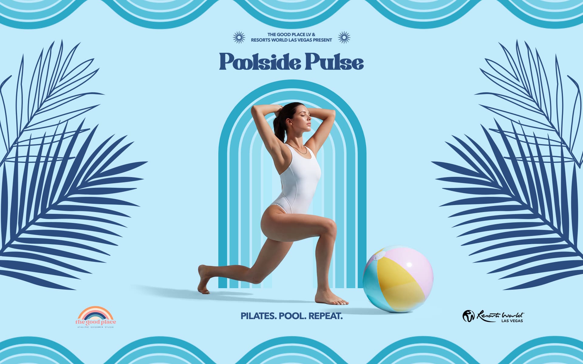 Promotional graphic for Poolside Pulse featuring a woman in a white swimsuit posing beside a beach ball with tropical palm illustrations and the text “Pilates. Pool. Repeat.”
