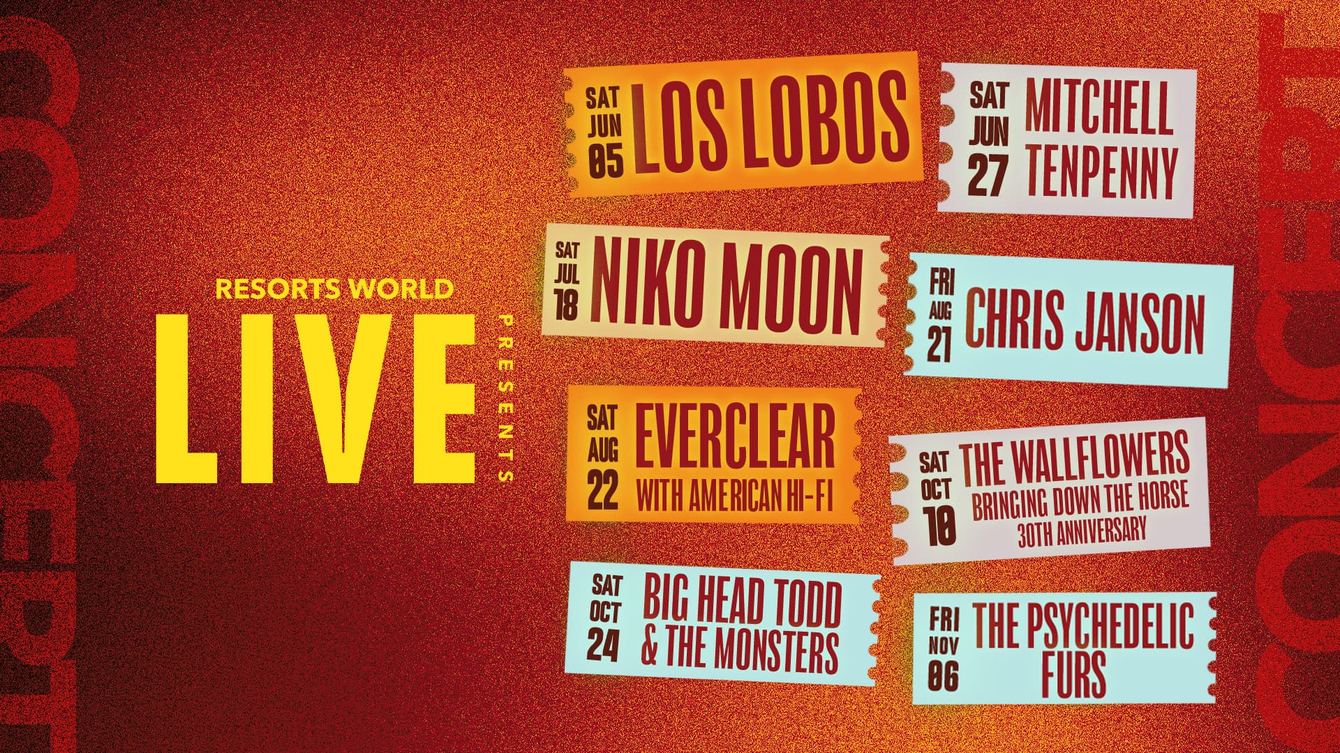 Graphic promoting Resorts World Live summer concert series featuring Los Lobos, Mitchell Tenpenny, Niko Moon, Chris Janson, Everclear with American Hi-Fi, The Wallflowers, Big Head Todd & The Monsters, and The Psychedelic Furs with concert dates.