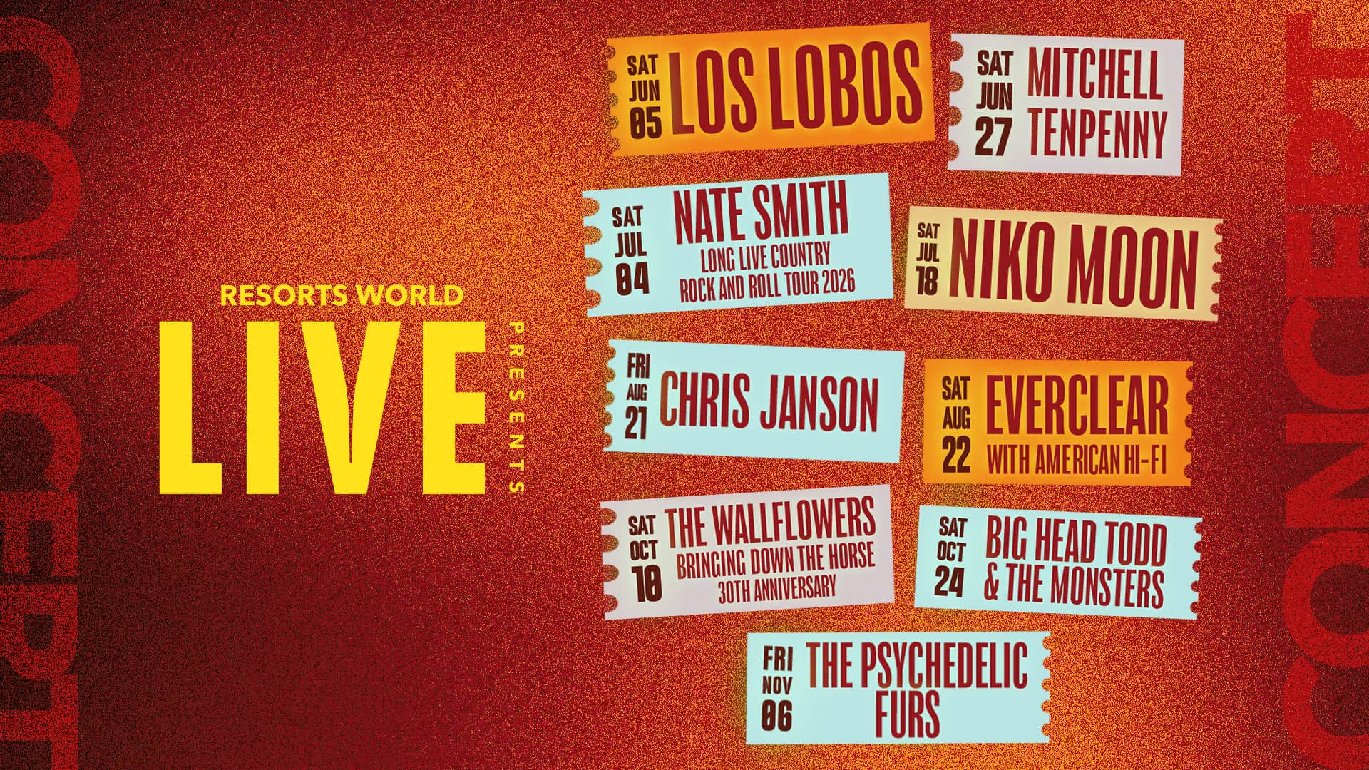 Graphic promoting Resorts World Live summer concert series featuring Los Lobos, Mitchell Tenpenny, Niko Moon, Chris Janson, Everclear with American Hi-Fi, The Wallflowers, Big Head Todd & The Monsters, and The Psychedelic Furs with concert dates.