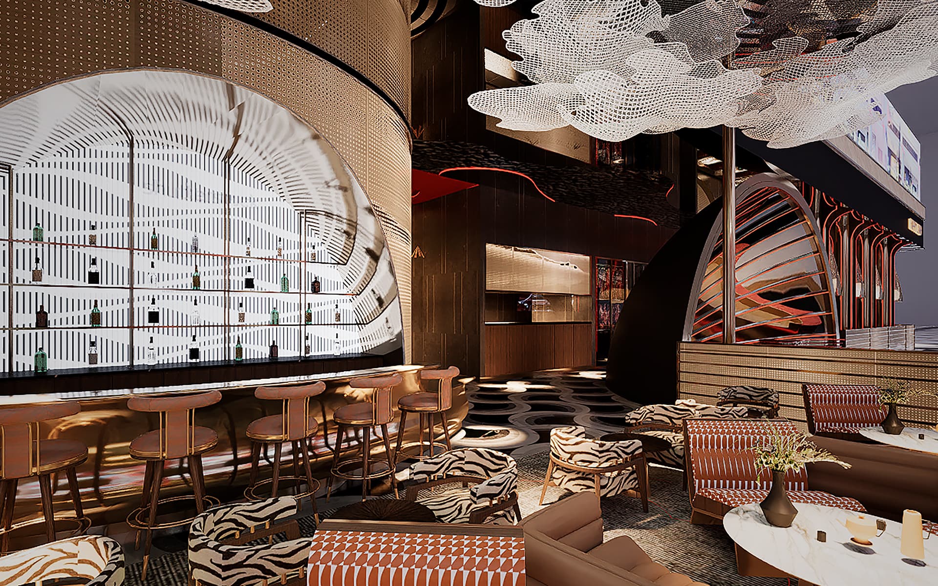 Stylish lounge interior featuring a curved illuminated bar, patterned seating, decorative ceiling installation, and contemporary design elements.