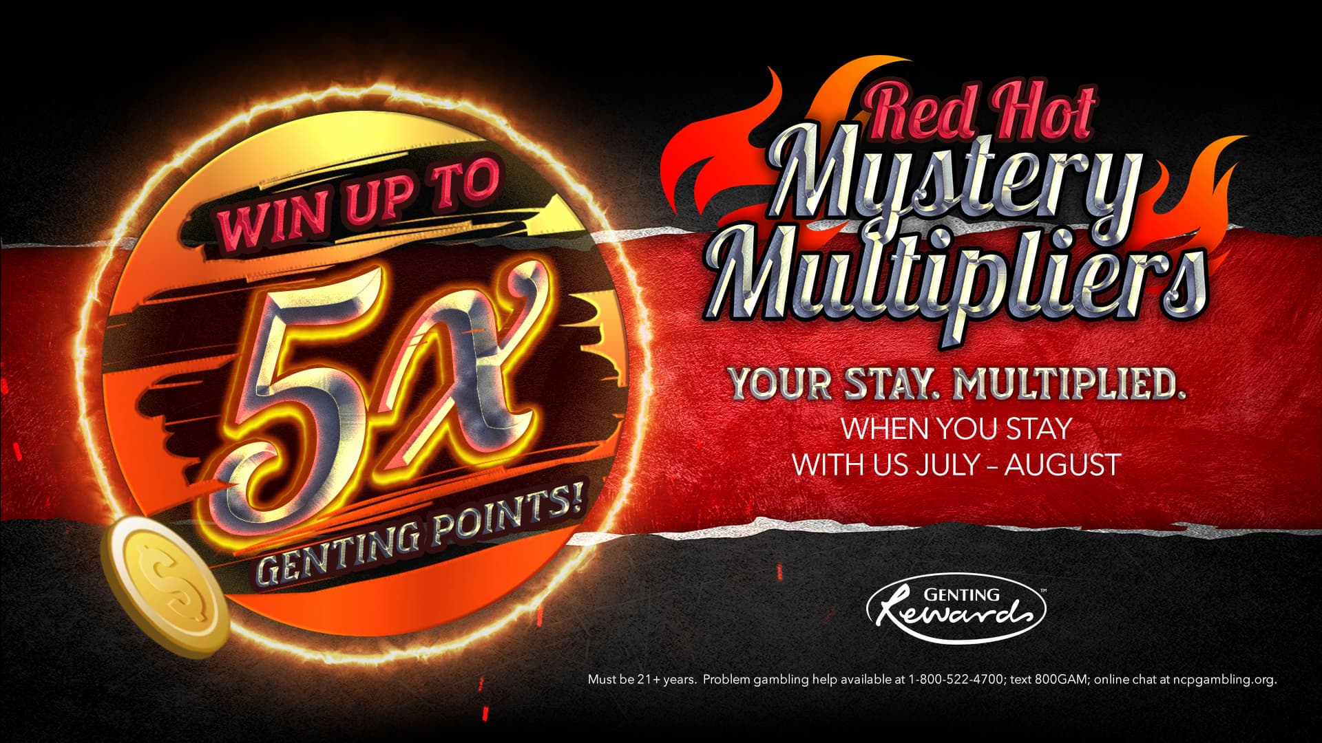 Promotional banner for the Red Hot Mystery Multipliers offer, advertising up to 5x Genting Rewards points on hotel stays during July and August with bold red, orange, and black graphics.