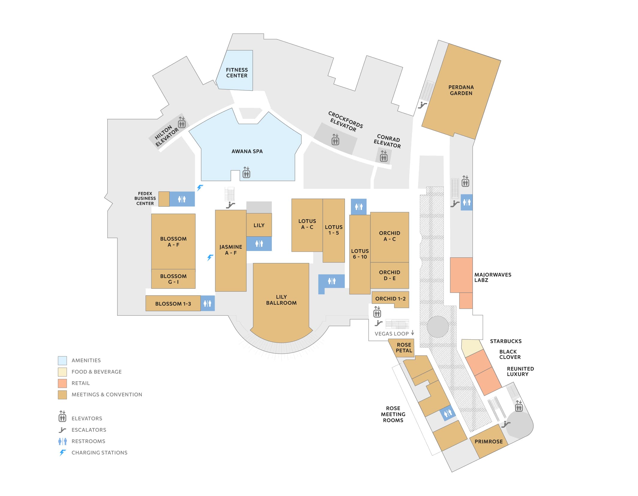 Illustrated Level 2 map of Resorts World Las Vegas showing meeting and convention spaces, Awana Spa, fitness center, Perdana Garden, retail locations, elevators, escalators, restrooms, and guest amenities.