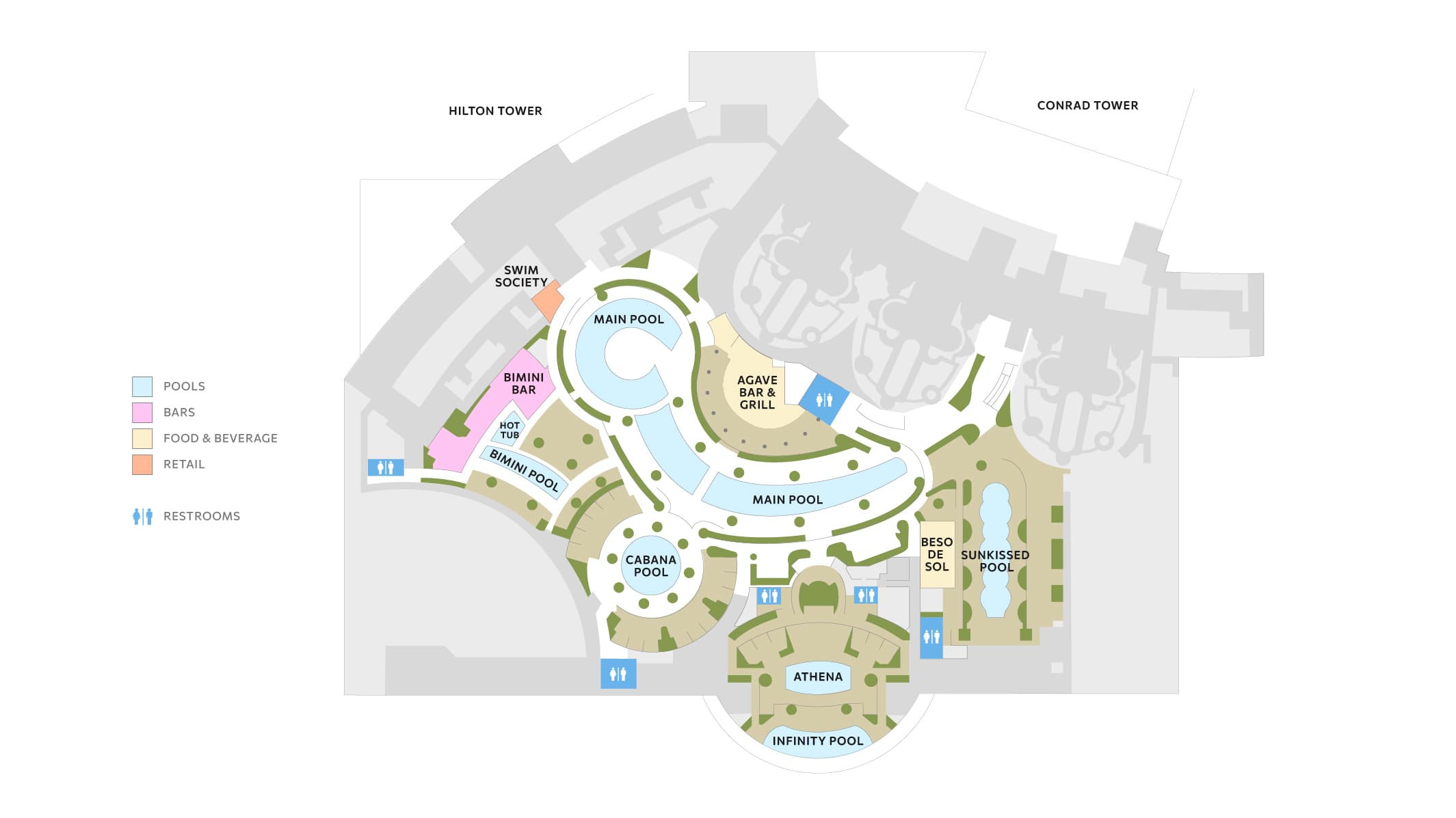 Illustrated Level 5 pool deck map of Resorts World Las Vegas showing the main pool, infinity pool, cabana pool, Bimini Pool, Sunkissed Pool, Athena, Bimini Bar, Agave Bar & Grill, Swim Society, Beso de Sol, restrooms, and surrounding resort amenities.