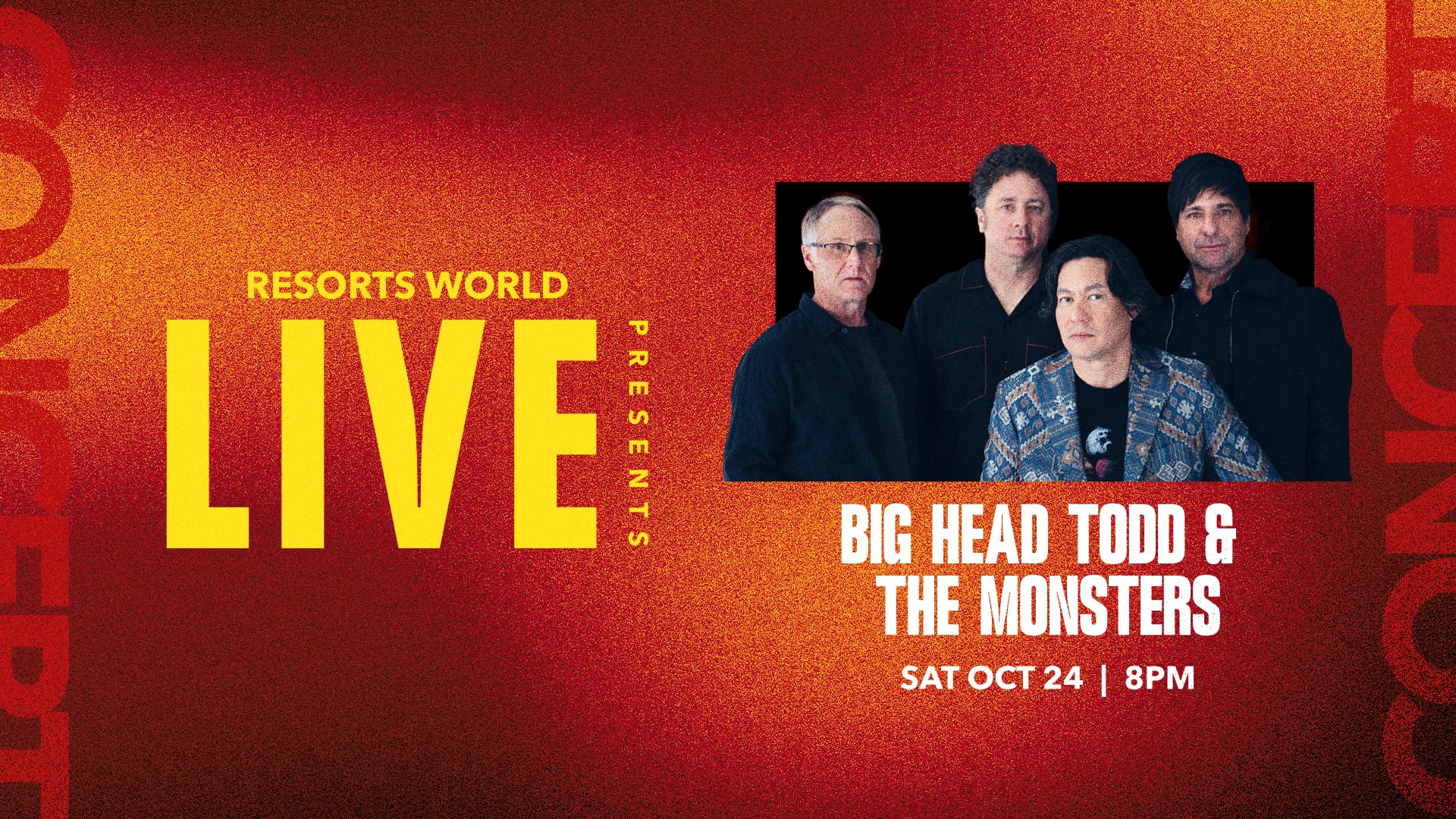 Promotional graphic for Resorts World Live featuring Big Head Todd & The Monsters with band photo and event date on a red textured background.