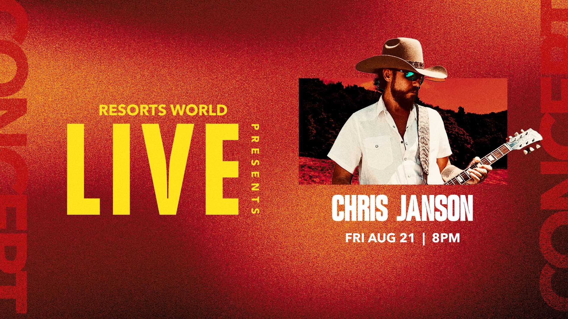 Promotional graphic for Resorts World Live featuring country artist Chris Janson playing guitar with event date and artist portrait on a red textured background.