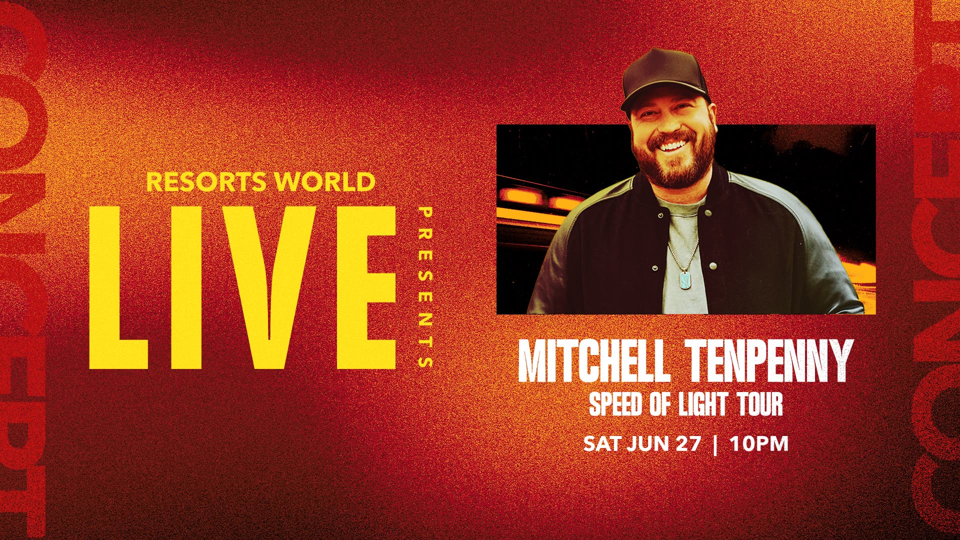 Promotional graphic for Resorts World Live featuring Mitchell Tenpenny and the Speed of Light Tour with event date and time alongside an artist portrait.