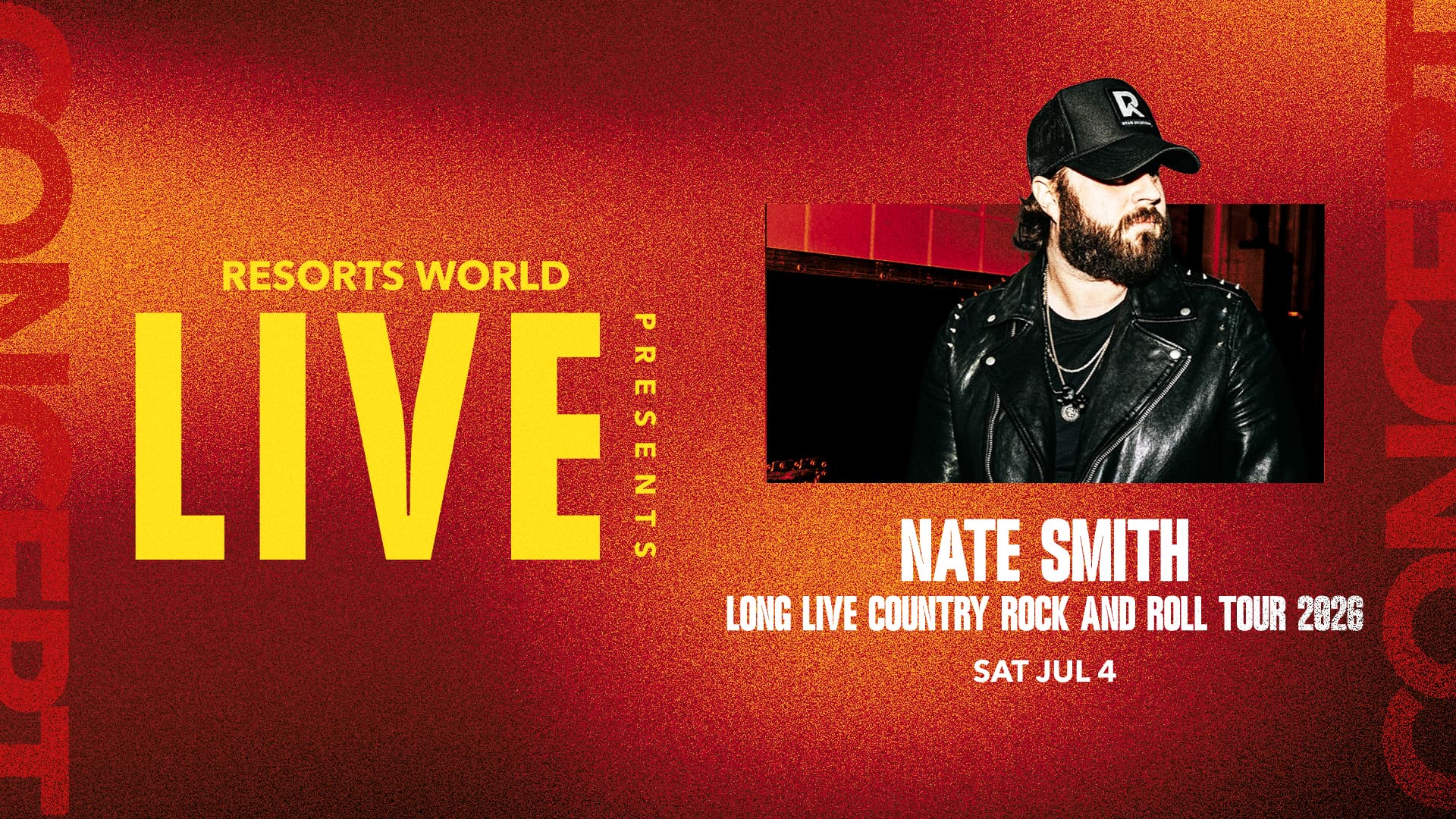 Promotional graphic for Resorts World Live featuring Nate Smith and the Long Live Country Rock and Roll Tour 2026 with event date displayed and artist portrait.