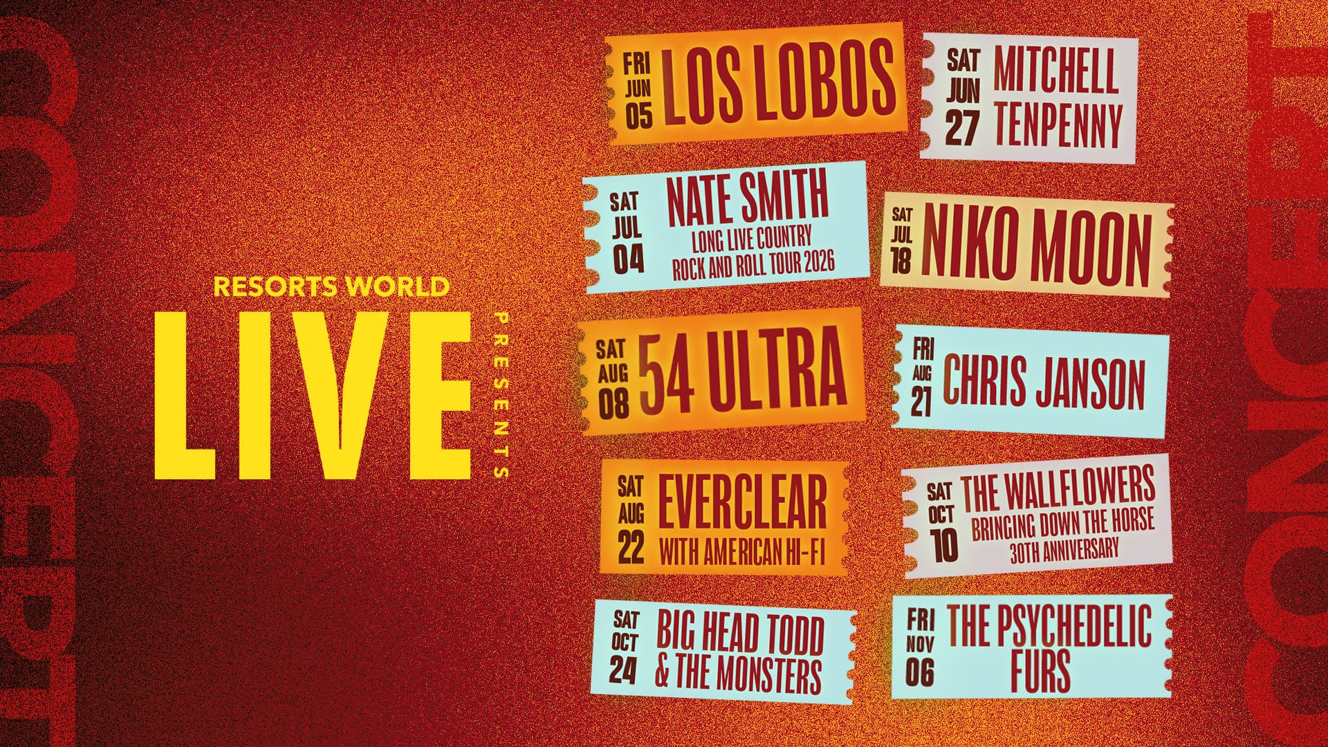 Promotional graphic for the Resorts World Live Summer Concert Series featuring a lineup of artists including Los Lobos, Mitchell Tenpenny, Nate Smith, Niko Moon, 54 Ultra, Chris Janson, Everclear, The Wallflowers, Big Head Todd & The Monsters, and The Psychedelic Furs.