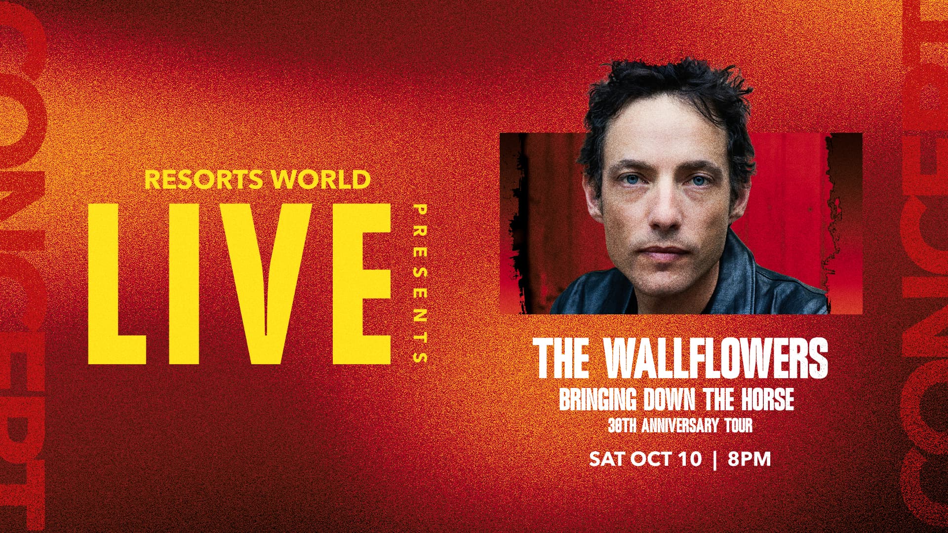 Promotional graphic for Resorts World Live featuring The Wallflowers Bringing Down the Horse 30th Anniversary Tour with artist portrait and event date on a red textured background.