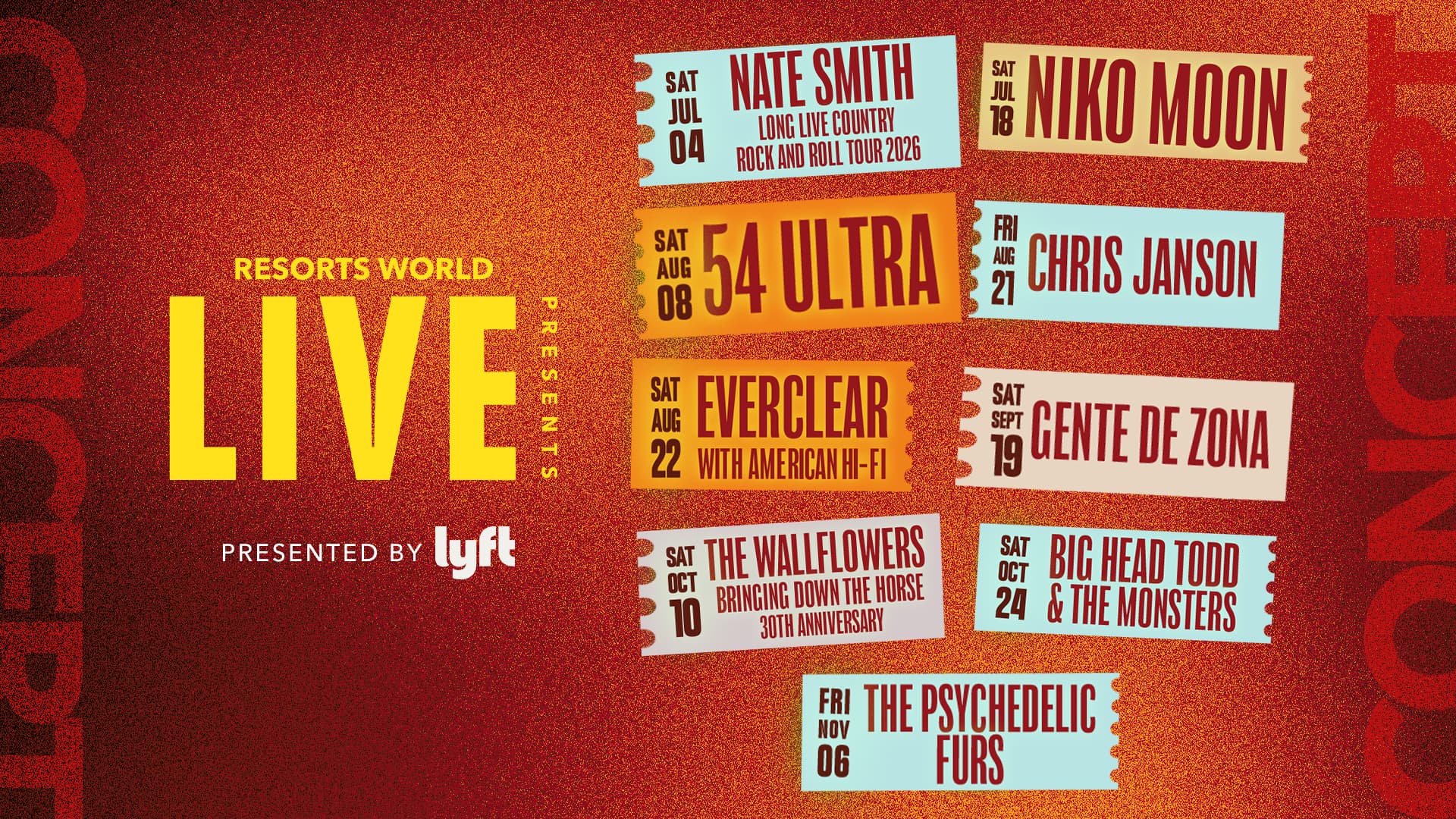 Promotional graphic for the Resorts World Live 2026 Summer Concert Series presented by Lyft, featuring the lineup of Nate Smith, Niko Moon, 54 Ultra, Chris Janson, Everclear with American Hi-Fi, Gente de Zona, The Wallflowers, Big Head Todd and the Monsters, and The Psychedelic Furs with their concert dates.