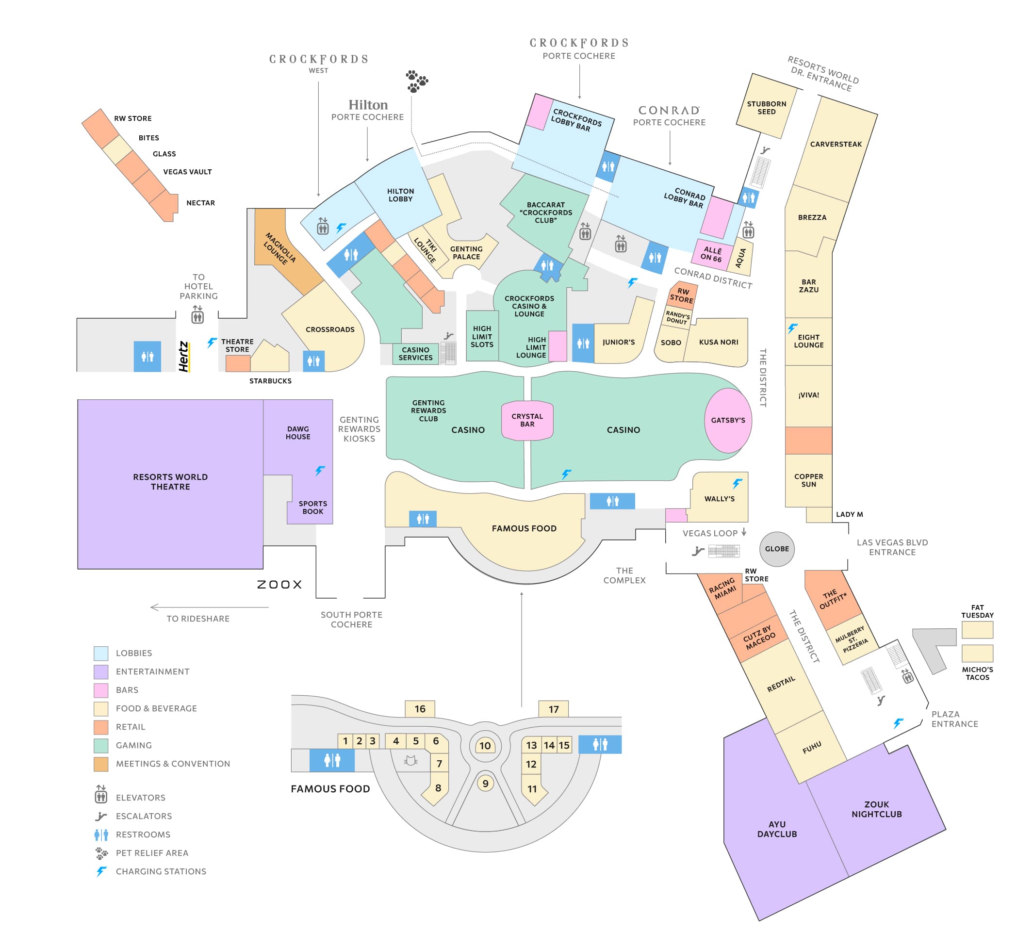 Level 1 map of Resorts World Las Vegas showing the casino floor, hotel lobbies, restaurants, retail shops, entertainment venues, meeting spaces, restrooms, elevators, and guest amenities.