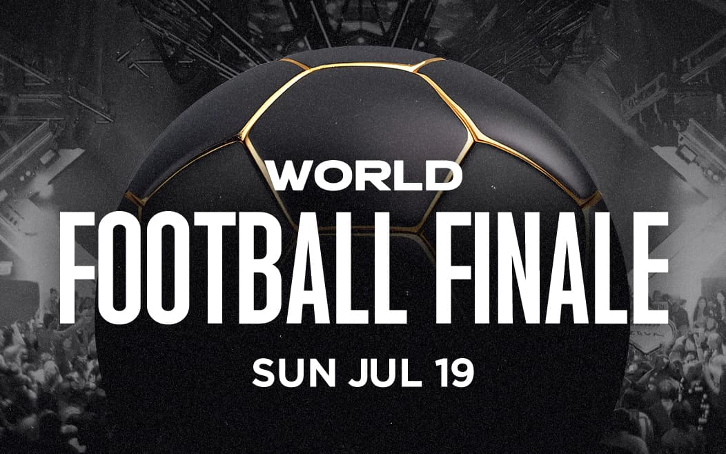 Promotional graphic featuring a black soccer ball above the text “World Football Finale” with event date Sunday, July 19, against a stadium crowd background.
