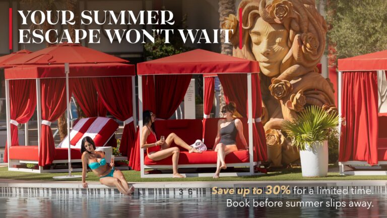 Three women relaxing by a luxury resort pool with red cabanas and a large floral woman sculpture. Text reads: "YOUR SUMMER ESCAPE WON