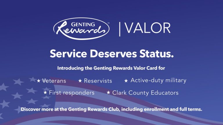 Promotional graphic for the Genting Rewards Valor program highlighting membership benefits for veterans, reservists, active-duty military, first responders, and Clark County educators.
