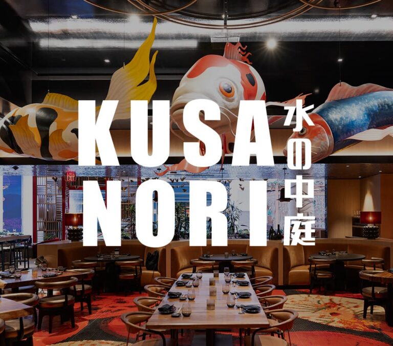 Banner featuring the interior of Kusa Nori restaurant with suspended koi fish sculptures, dining tables, and the Kusa Nori logo displayed prominently over the center of the image.
