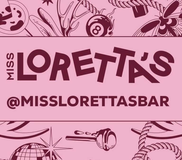 Pink promotional banner featuring the Miss Loretta