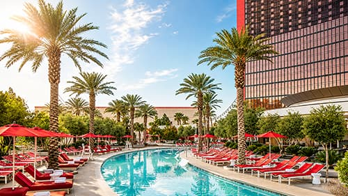 A resort swimming pool surrounded by red lounge chairs, red umbrellas, palm trees, and a modern hotel tower under a sunny sky.