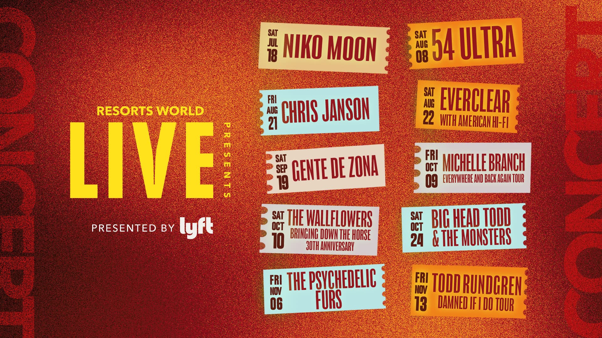 Promotional graphic for the Resorts World Live concert series presented by Lyft, featuring a lineup of upcoming performances including Niko Moon, 54 Ultra, Chris Janson, Everclear, Gente de Zona, Michelle Branch, The Wallflowers, Big Head Todd and the Monsters, The Psychedelic Furs, and Todd Rundgren with their scheduled dates.