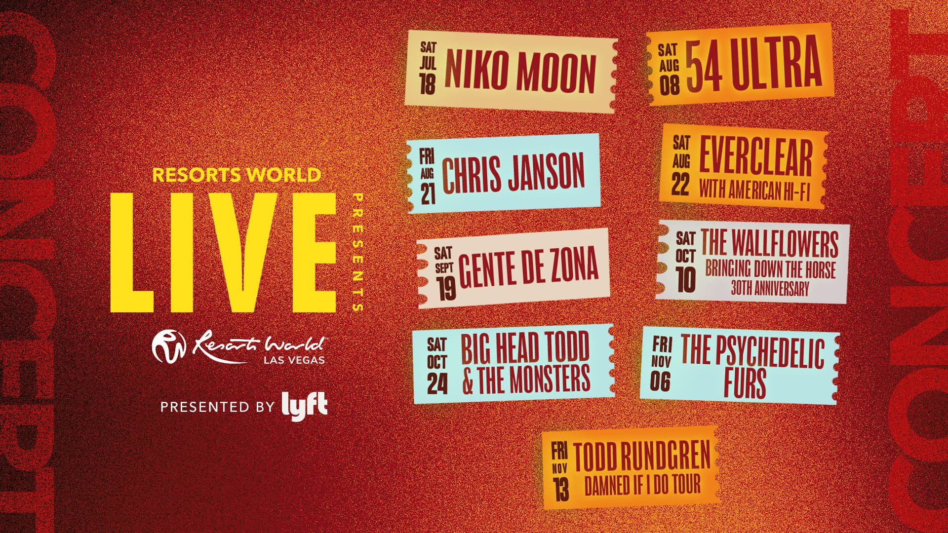 Promotional graphic for the Resorts World Live concert series featuring the 2026 lineup, including Niko Moon, 54 Ultra, Chris Janson, Everclear with American Hi-Fi, Gente de Zona, The Wallflowers, Big Head Todd & the Monsters, The Psychedelic Furs, and Todd Rundgren. Presented by Lyft.