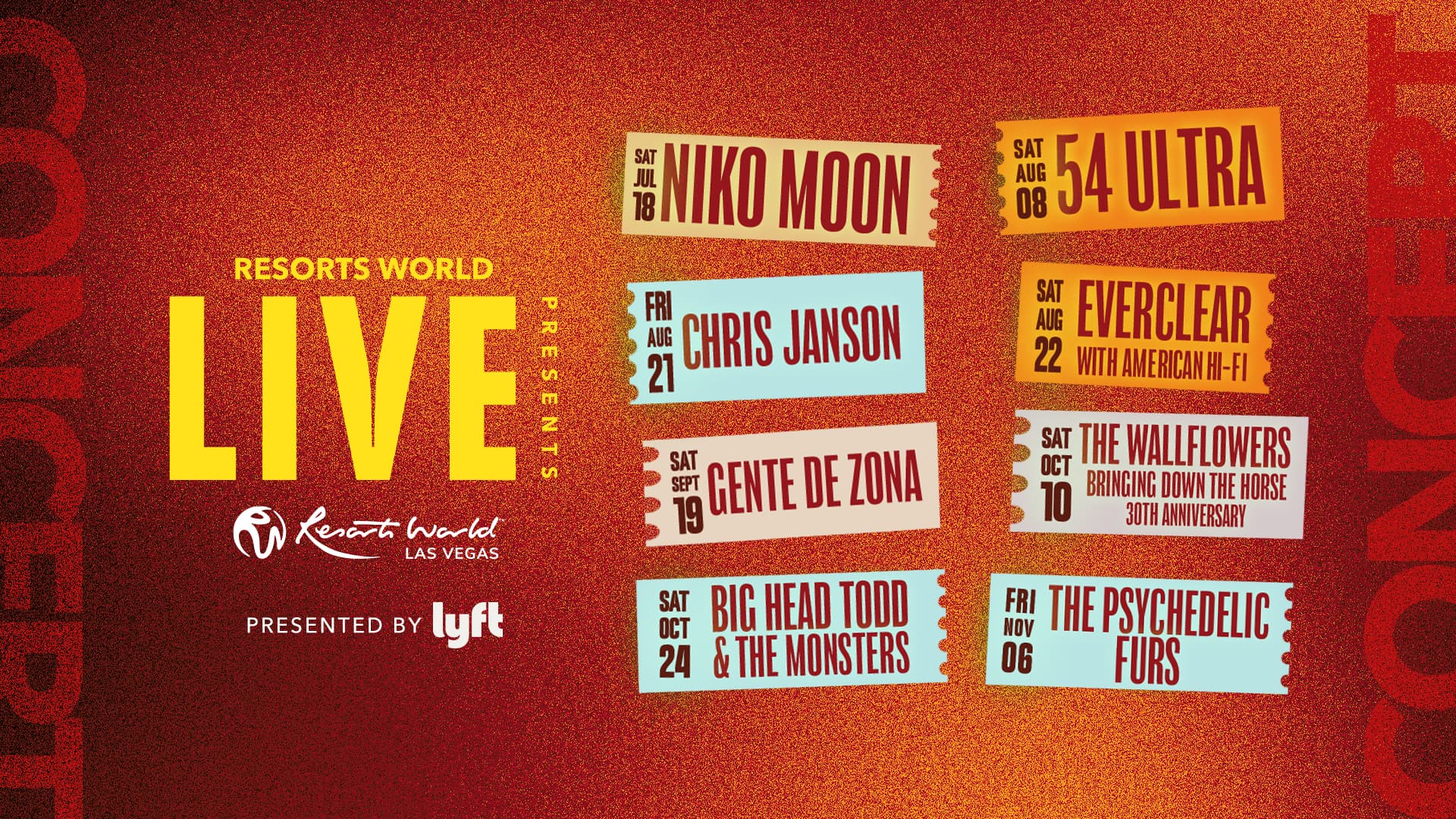 Wide promotional banner for the Resorts World Live Summer Concert Series featuring the concert lineup, including Niko Moon, 54 Ultra, Chris Janson, Everclear with American Hi-Fi, Cente de Zona, The Wallflowers, Big Head Todd & The Monsters, and The Psychedelic Furs.