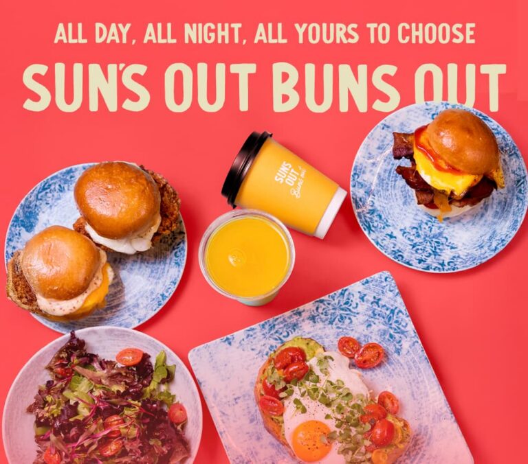 Overhead view of breakfast and lunch dishes including breakfast sandwiches, avocado toast with egg, mixed greens, fries, orange juice, and coffee alongside the message "All Day, All Night, All Yours to Choose. Sun