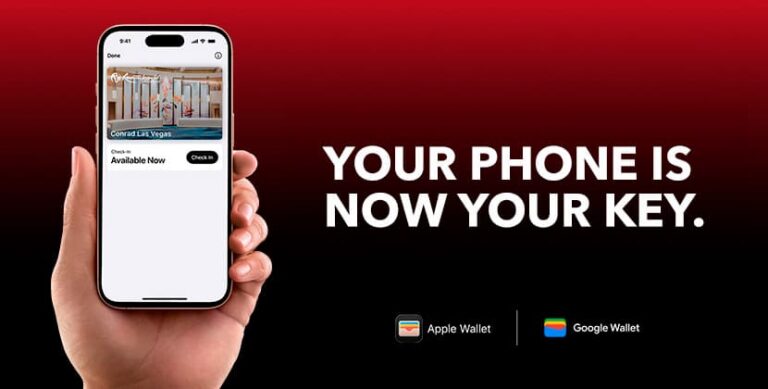 Hand holding a smartphone displaying a digital hotel room key, with text reading “Your phone is now your key” and Apple Wallet and Google Wallet options.